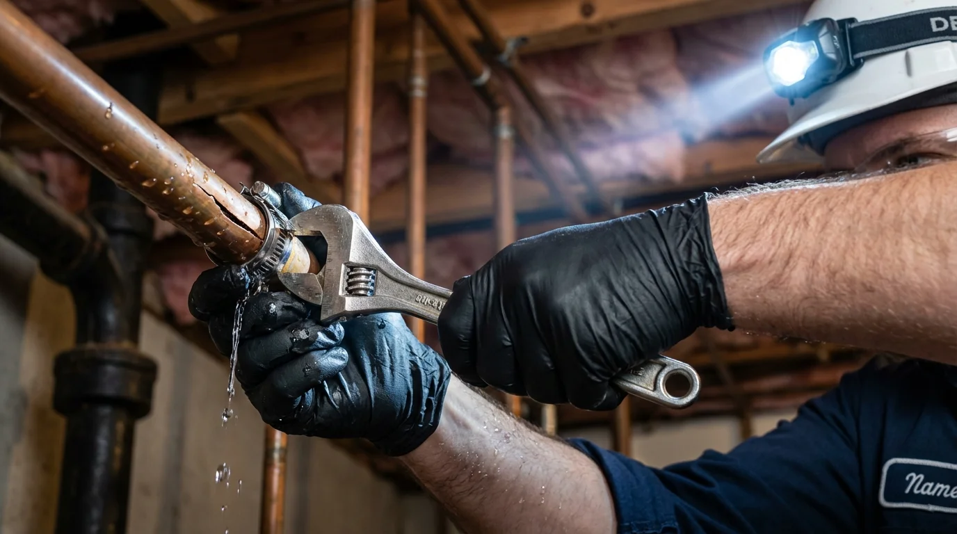 Emergency pipe clamp repair being performed by a Johns Plumbing LLC plumber in Halifax